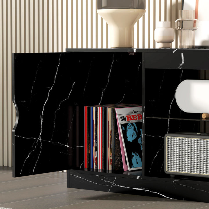 TV Stand Cabinet, Marble Effect TV Unit for up to 55" TVs with Glass Shelf and Storage Cabinet, Entertainment Unit for Living Room, Bedroom, Black