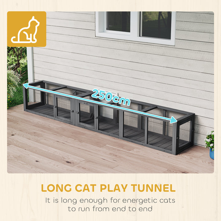 Cat Tunnel, 250cm Extra Long Wooden Cat Play Tunnel with 8 Doors, L-sh