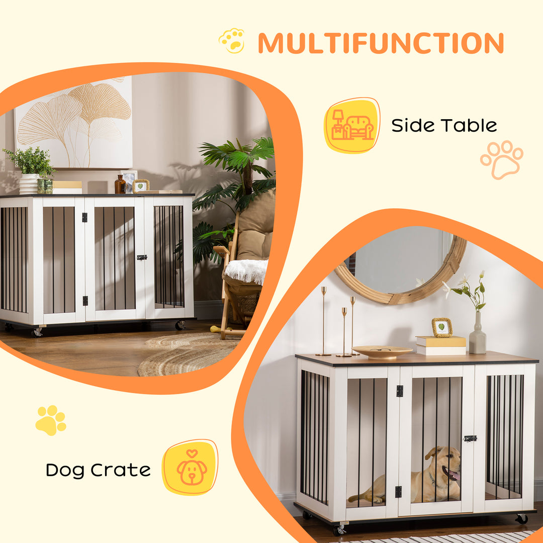 Dog Crate Furniture, Dog Cage End Table, with Wheels, for Large Dogs, 106 x 60 x 82 cm - White