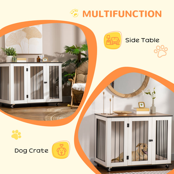 Dog Crate Furniture, Dog Cage End Table, with Wheels, for Large Dogs, 106 x 60 x 82 cm - White