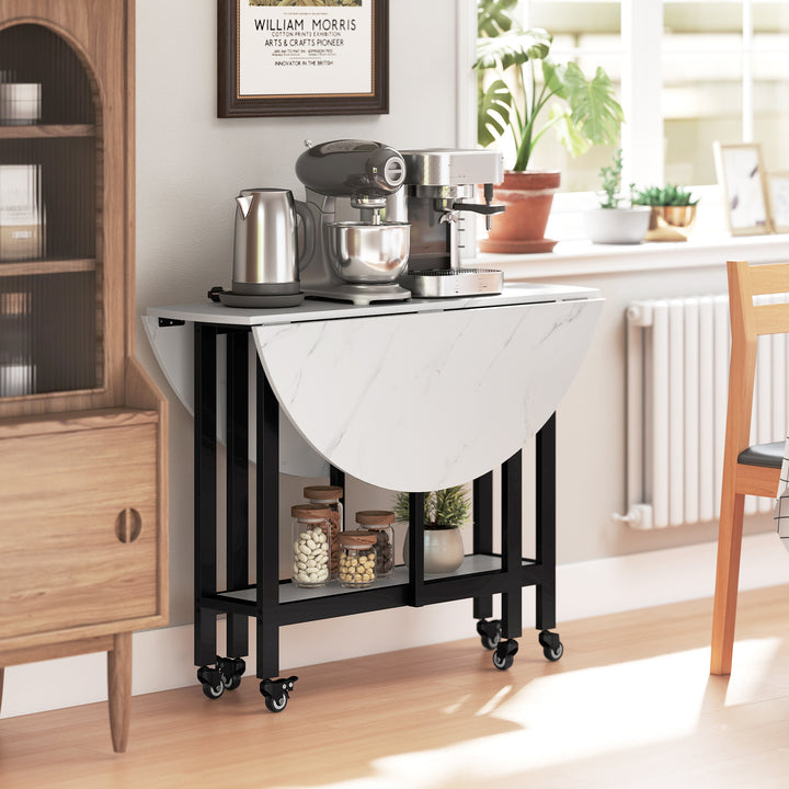Folding Dining Table, Drop Leaf Table with Open Shelf, Rolling Kitchen