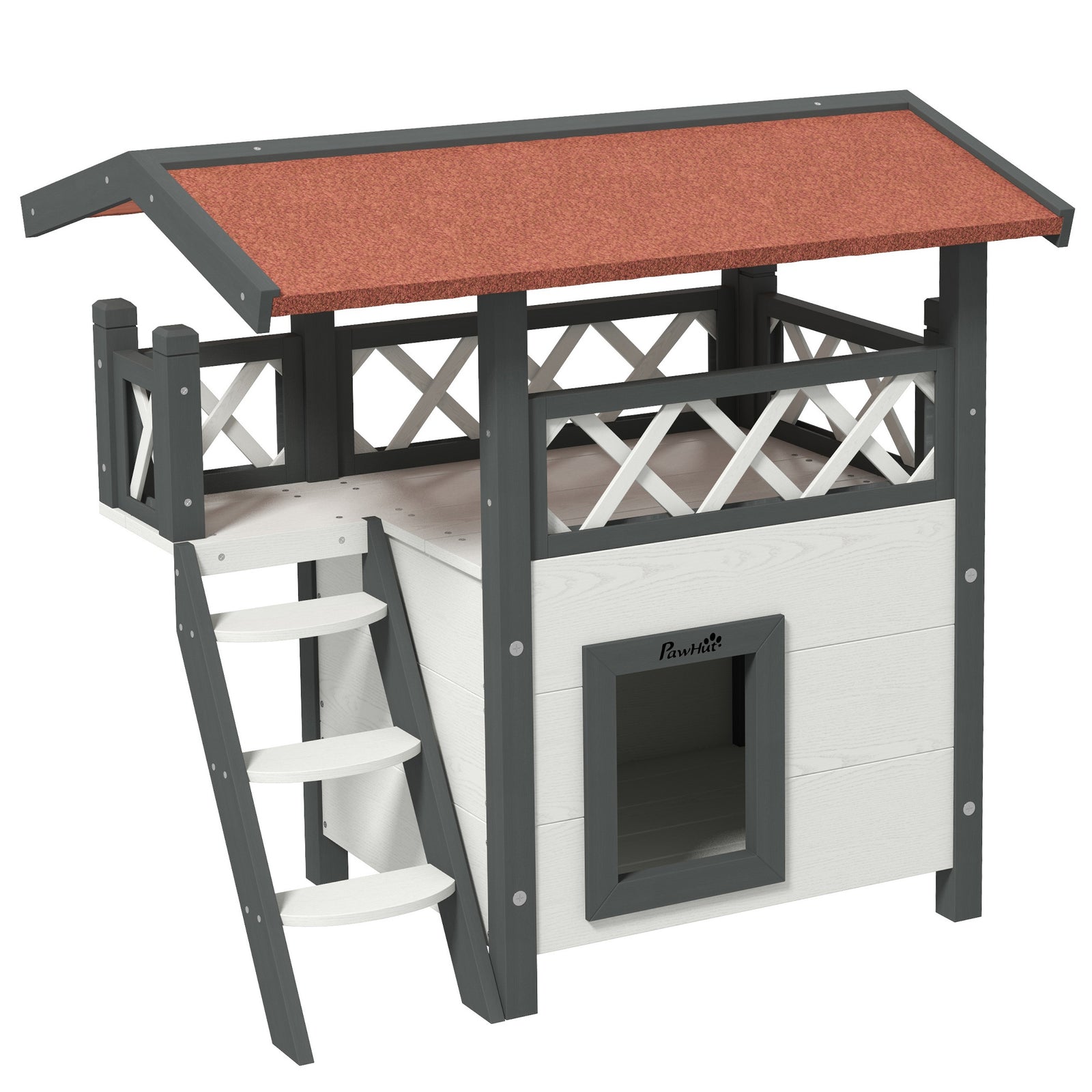 Cat House Outdoor w/ Balcony Stairs Roof, 77 x 50 x 73 cm, White