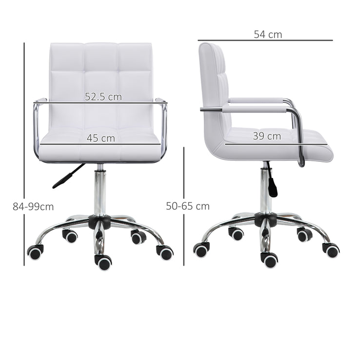 Office Chair, Makeup Vanity Chair, Mid Back Computer Chair, PU Leather Swivel Study Chair with Adjustable Height, Armrest and Rolling Wheels, White