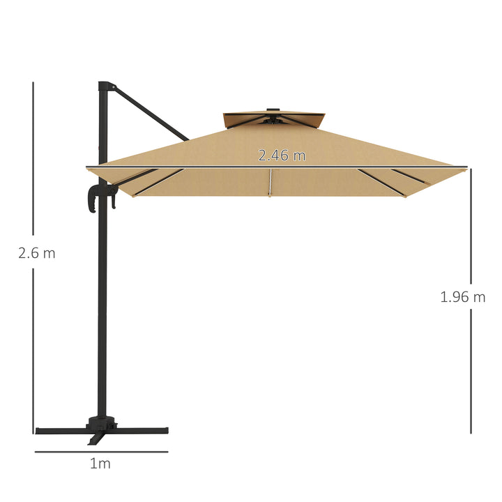 2.5m Cantilever Parasol with Solar Powered LED Lights, 360° Rotation, Tilt Adjustment, Crank Handle, Khaki