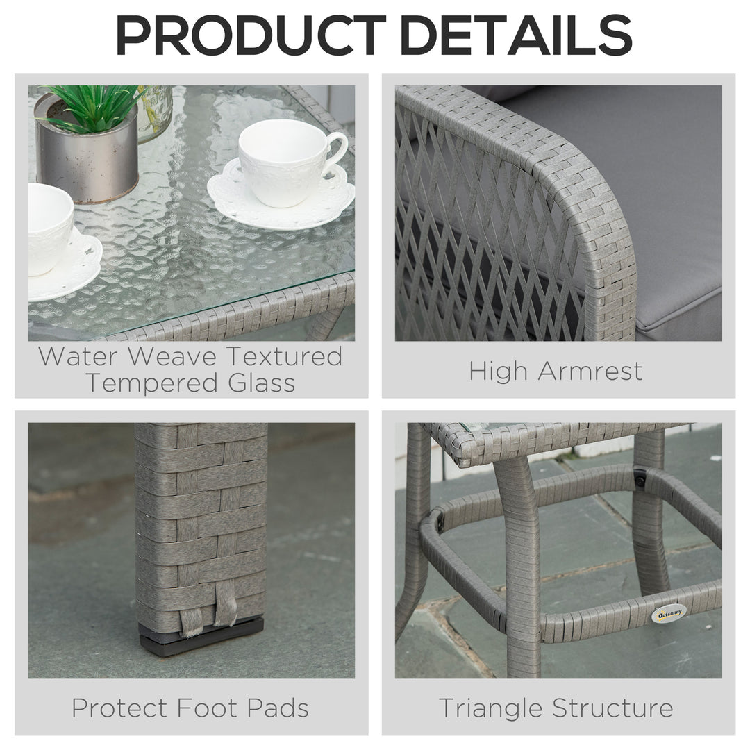 MCL 3 Pieces Rattan Bistro Set with Glass Top Coffee Table, Chairs and Cushions for Outdoor, Patio, Balcony, Grey