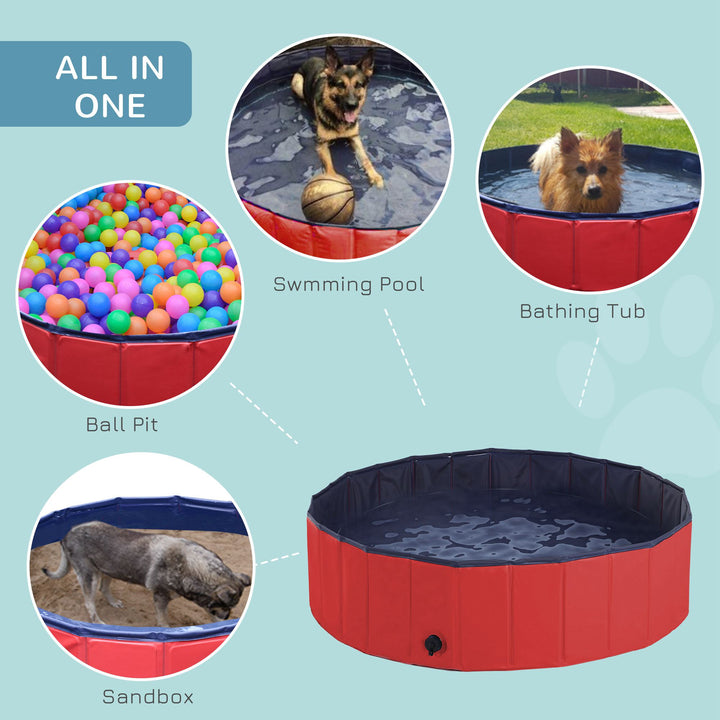 Dog Paddling Pool, Foldable Dog Pool, Leakproof & Hard Plastic, Portable Pet Bathtub with Non-Slip Base & Drainage Hole, for Indoors, Outdoors, Garden, Patio, 120 x 30 cm, Red