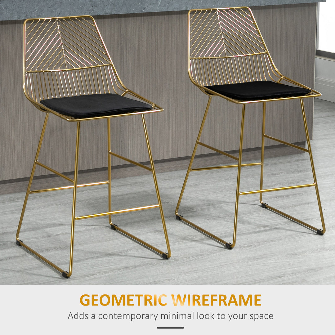 Set of 2 Bar Stools, Modern Counter Height Breakfast Bar Chairs with Wire Metal Frame for Kitchen, Dining Room, Gold