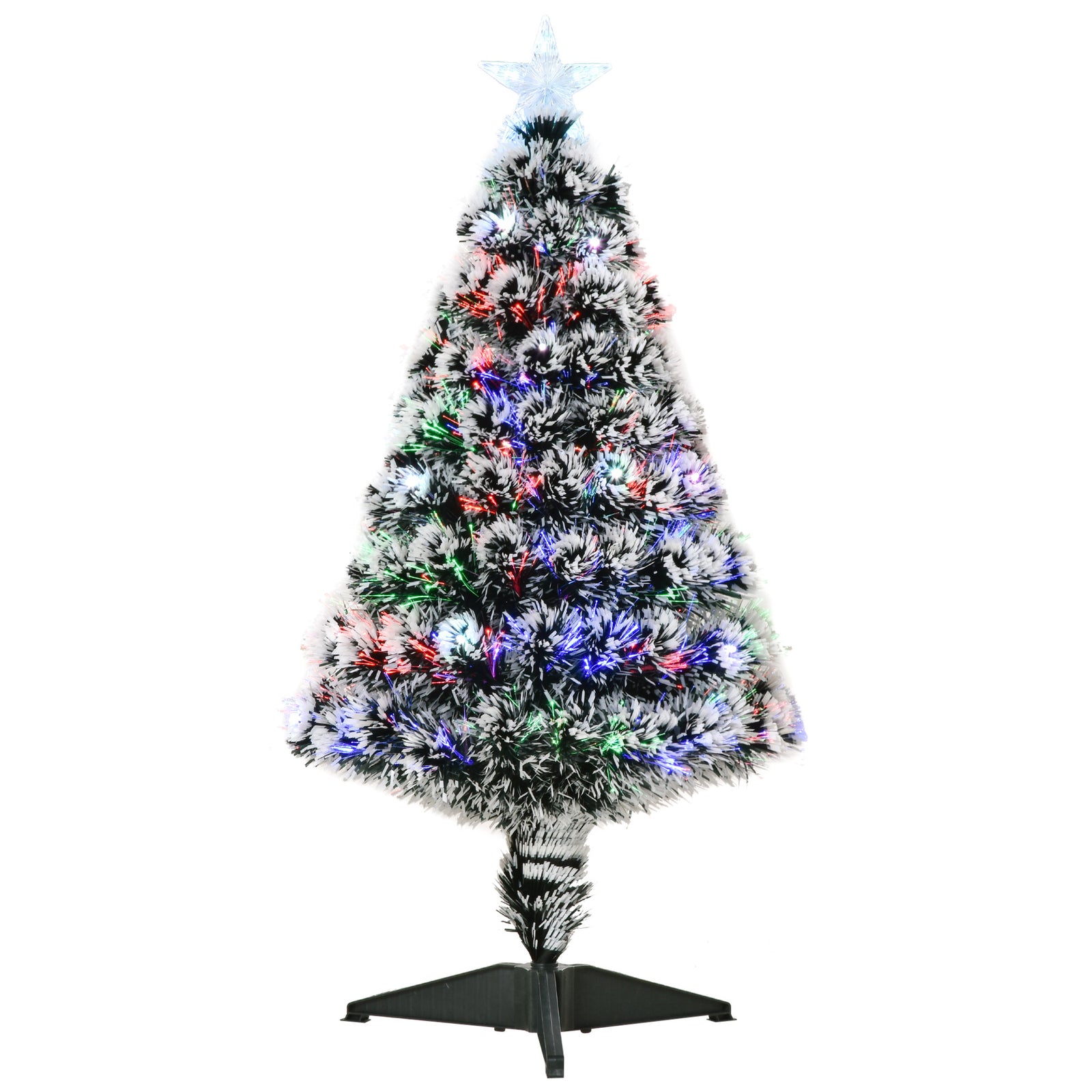 3ft Artificial Prelit Christmas Tree, Snow Xmas Tree with Colourful LED Lighting Fiber Optics, Green White
