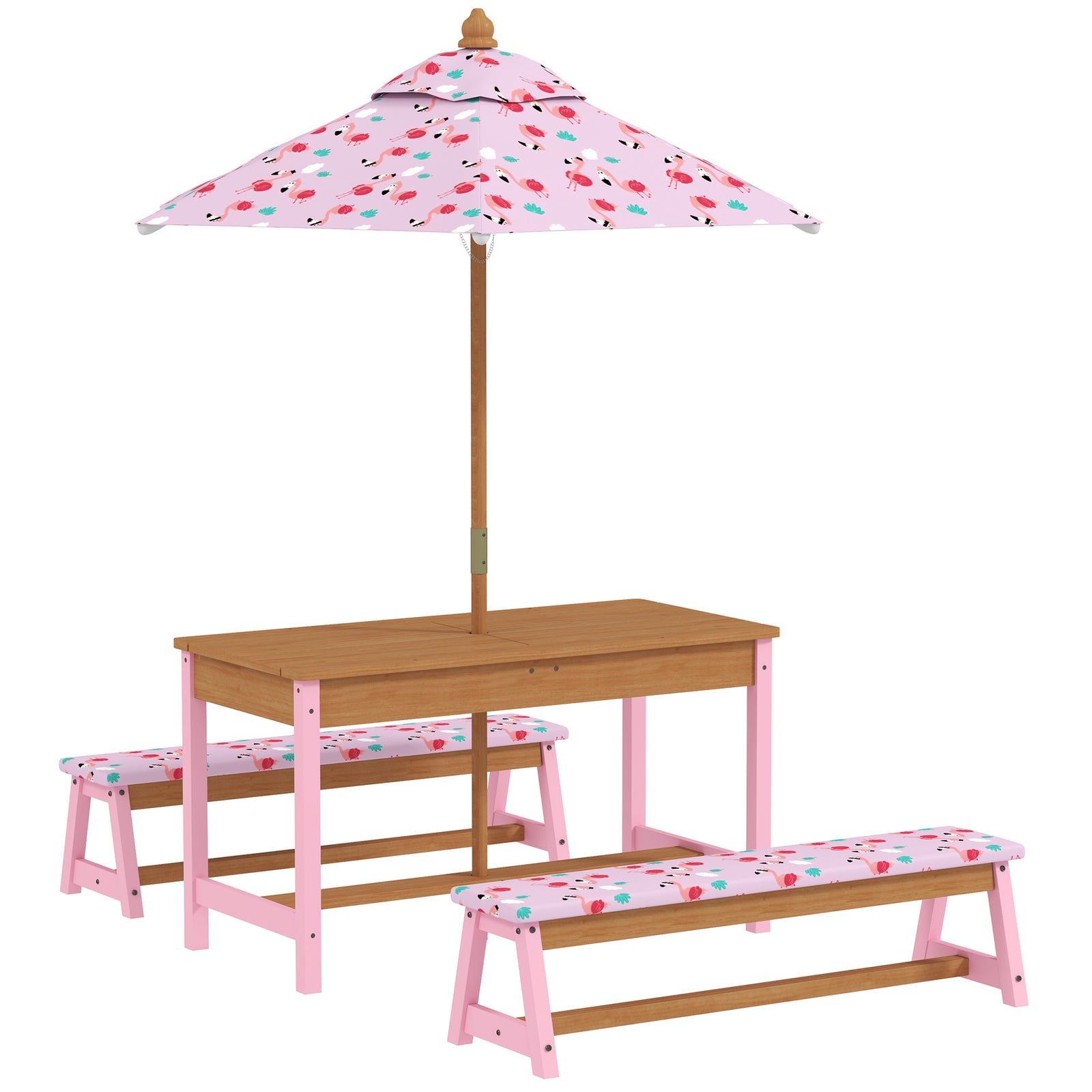 AIYAPLAY Kids Picnic Table Set with Removable & Foldable Umbrella, Cushions, Storage Boxes, Flamingo Theme, Pink