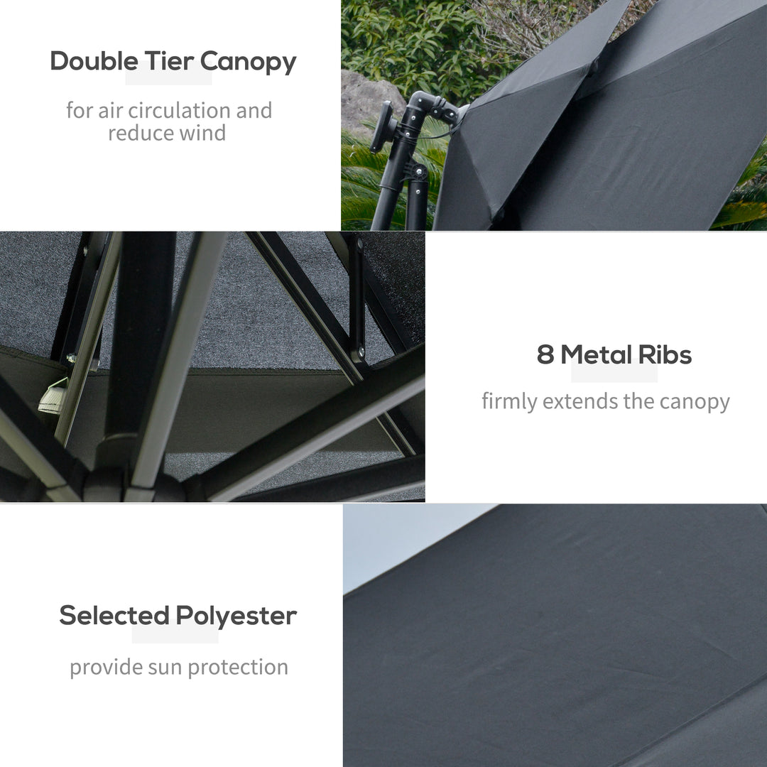 3(m) Cantilever Banana Parasol Hanging Umbrella with LED Solar lights, Crank, 8 Sturdy Ribs and Cross Base for Outdoor, Garden, Patio, Black