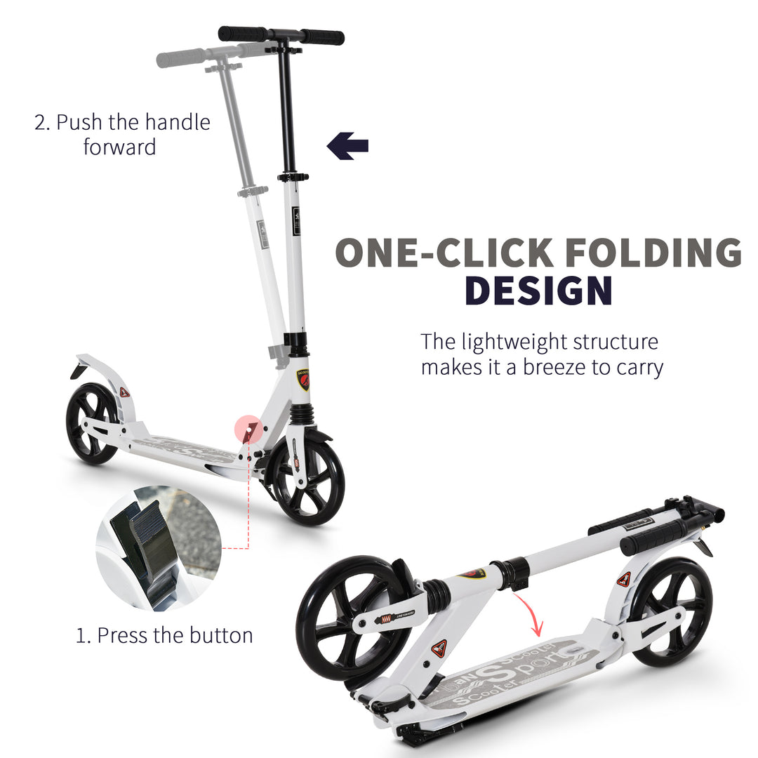 Folding Kick Scooter, Adjustable Ride On Scooter with 200mm Big Wheels and Double Shock Absorption, Urban Scooter for 14+ Teens Adult, White