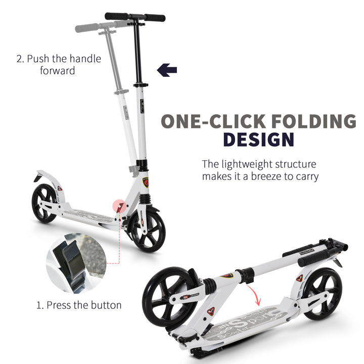 Folding Kick Scooter, Adjustable Ride On Scooter with 200mm Big Wheels and Double Shock Absorption, Urban Scooter for 14+ Teens Adult, White