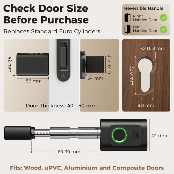 Smart Door Cylinder, 5-in-1 (Fingerprint Biometrics/Passcode/APP/NFC - view 3