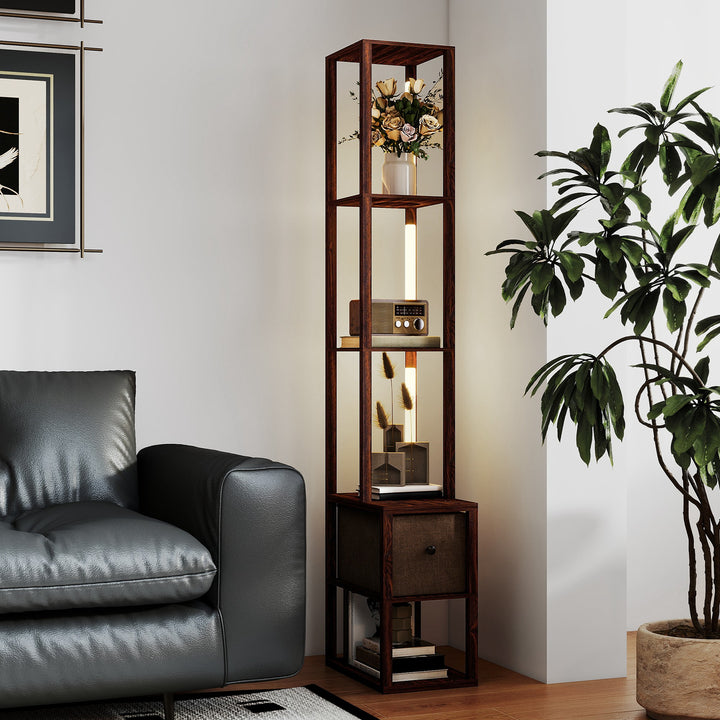 Floor Lamp with Shelves, LED Column Modern Standing Lamp with Fabric Drawer, Adjustable Brightness, Foot Switch for Living Room, Bedroom, Office, Dark Brown