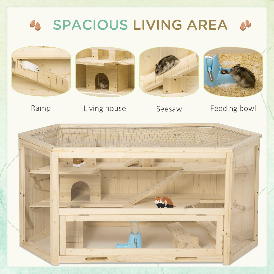 3 Tier Wooden Large Hamster Cage with Sliding Tray, Seesaws, Water Bottle, Natural