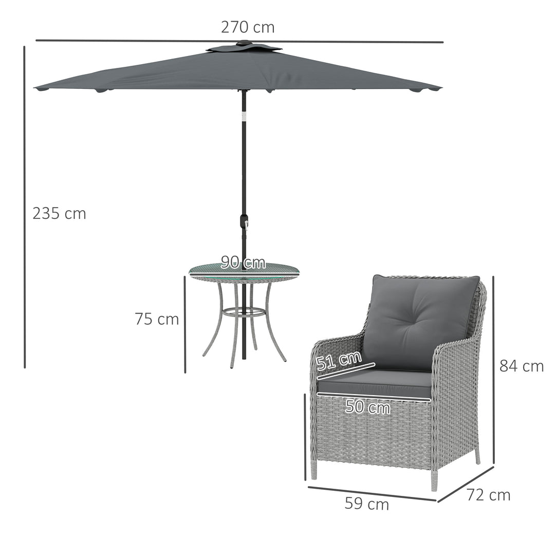 4 Seater Rattan Dining Set with Parasol & Cushions - Light Grey