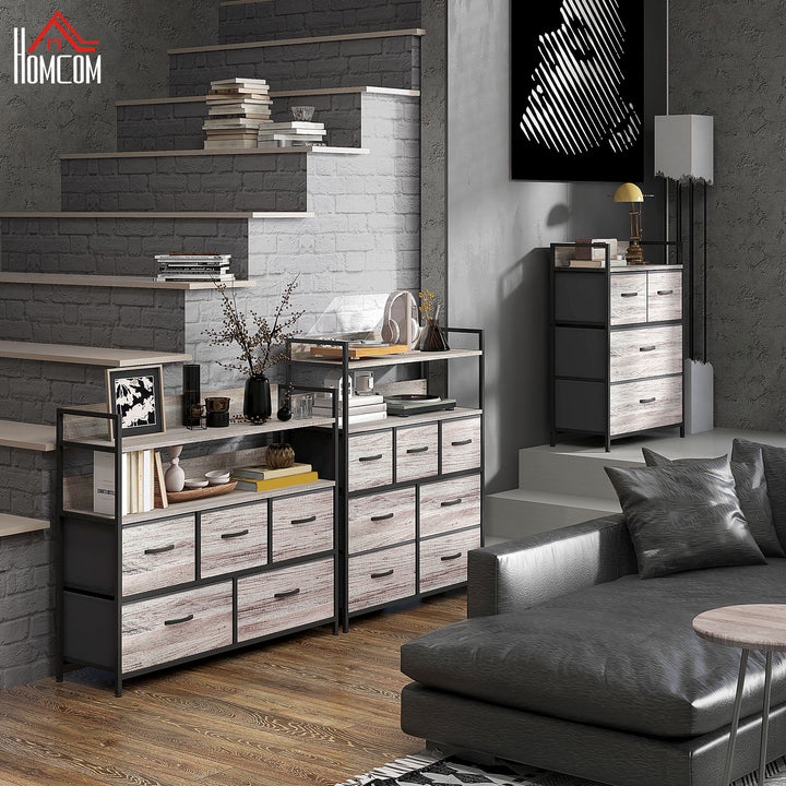 HOMCOM Rustic Chest of Five Fabric Drawers - Grey Wood Effect | Aosom UK