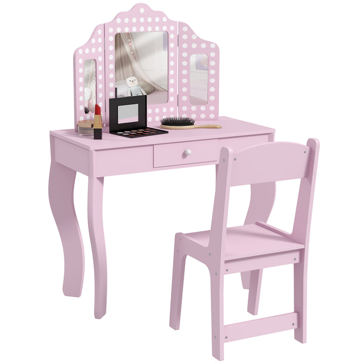 AIYAPLAY Kids Dressing Table Sets with Stool and Tri-Fold Mirror, Drawer for Playroom, Bedroom - Pink | Aosom UK