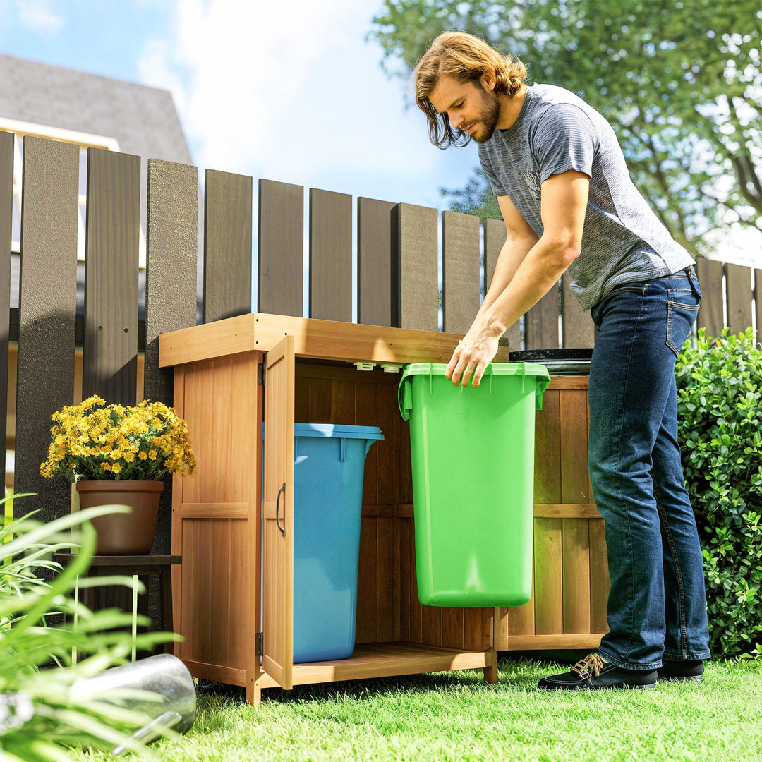 MCL Small Shed, Wooden Garden Shed with Openable Hinged Roof and Removable Shelf, Outdoor Tool Storage Cabinet Chest with Double Doors, 74 x 43 x 88 cm, Natural Wood Finish