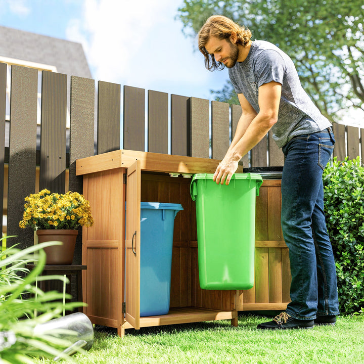 MCL Small Shed, Wooden Garden Shed with Openable Hinged Roof and Removable Shelf, Outdoor Tool Storage Cabinet Chest with Double Doors, 74 x 43 x 88 cm, Natural Wood Finish