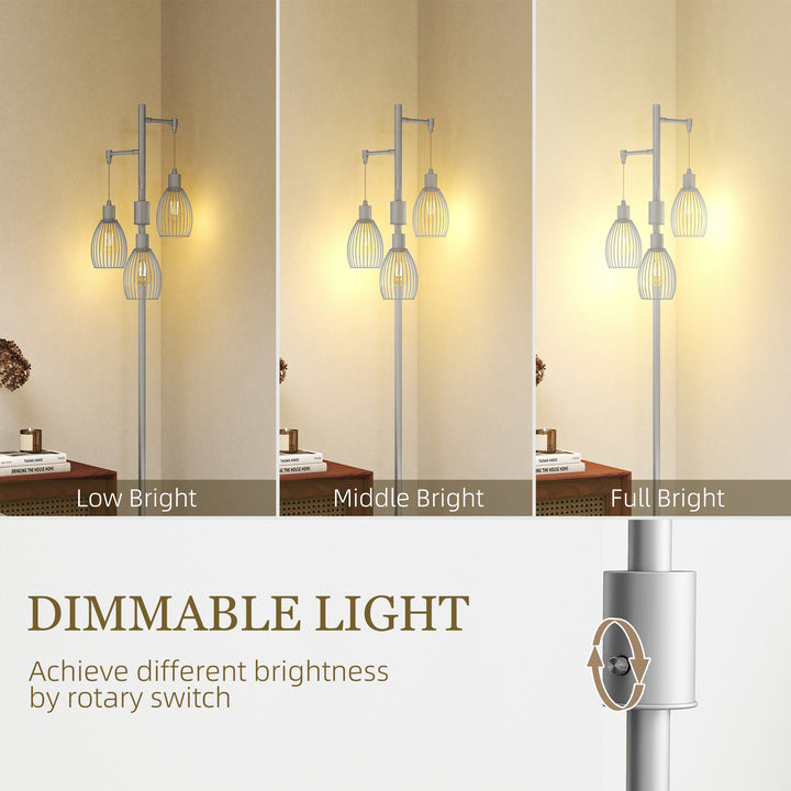 3-Light Floor Lamp, 170cm Industrial Dimmable Standing Lamp with Steel Wire Cage Lampshades for Living Room, Bedroom, Dining Room, Study, Silver Tone