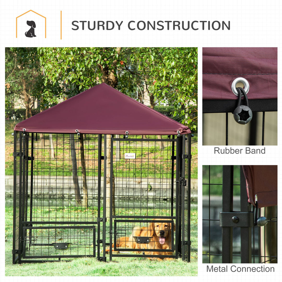 Outdoor Dog Kennel with Rotating Bowl Holders, Water and UV-Resistant Cover, for Medium, Small Dogs, Red