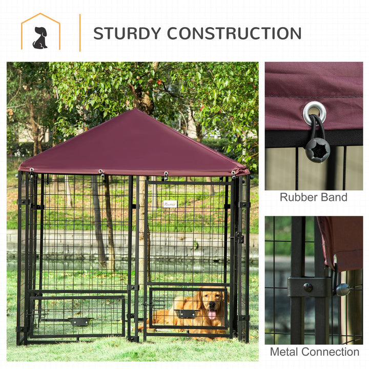 Outdoor Dog Kennel with Rotating Bowl Holders, Water and UV-Resistant Cover, for Medium, Small Dogs, Red