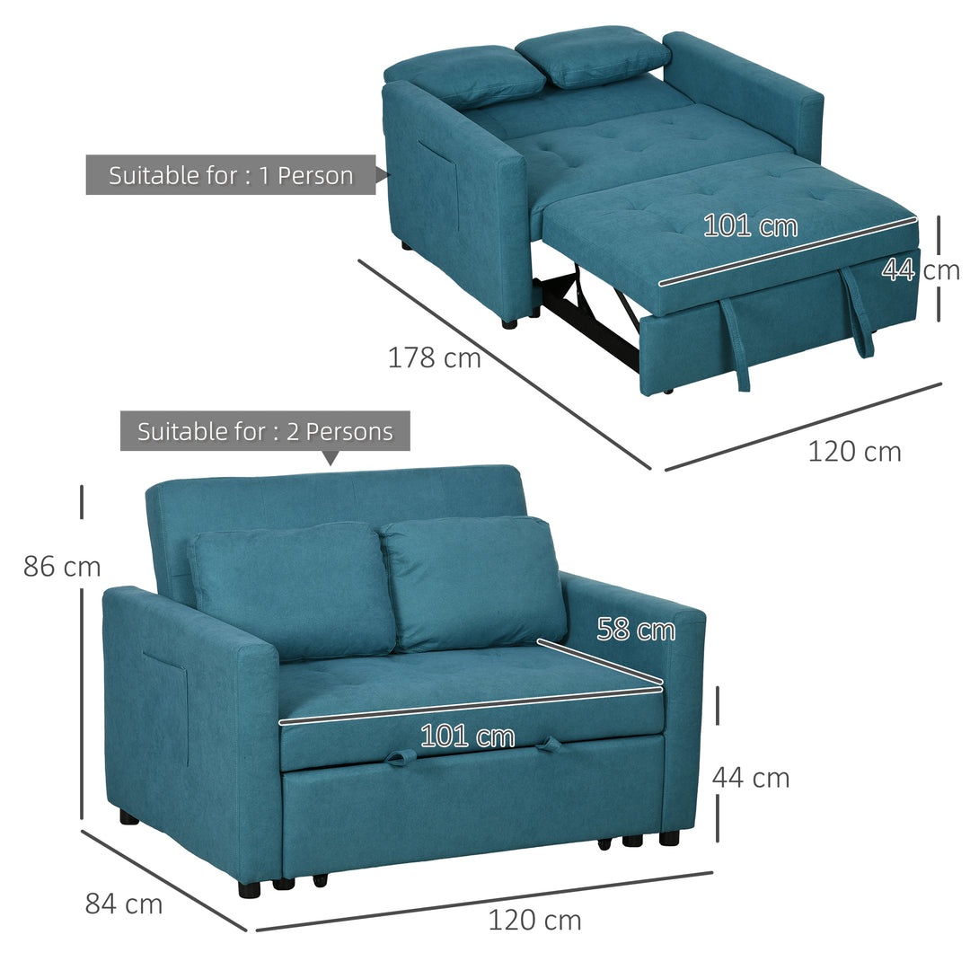 Loveseat Sofa Bed, Convertible Bed Settee with 2 Cushions, Side Pockets for Living Room, Blue