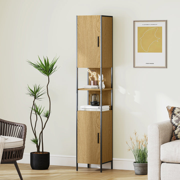 Tall Bathroom Cabinet with 2 Doors, Open Compartments and Adjustable Shelves - Natural Wood Finish