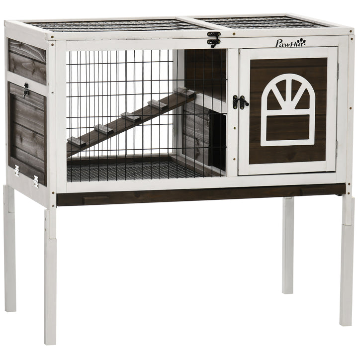 PawHut Wooden Rabbit Hutch with Openable Roof, Elevated Guinea Pig Cage with Ladder, Small Animal House w/ Slide-out Tray 90 x 53 x 87cm Coffee Brown