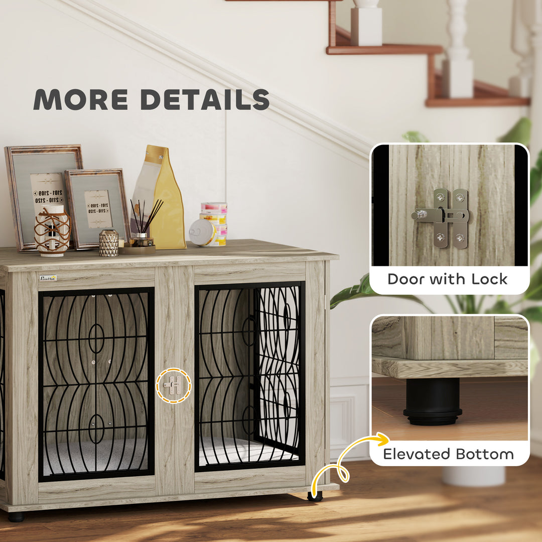 Indoor Dog Crate Furniture End Table with Soft Washable Cushion, Lockable Front Door, for Extra Large Dogs - Grey