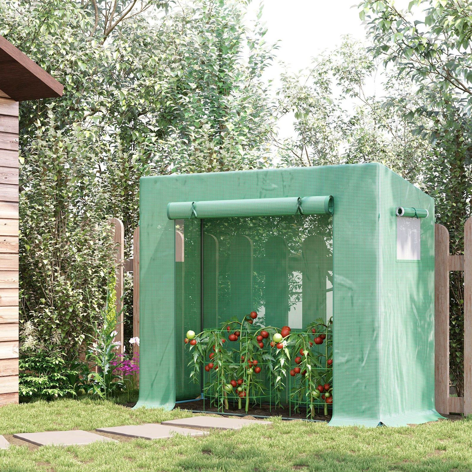 Small Walk-in Garden Greenhouse with Steel Frame, Large Roll-up Door and Windows, 200Lx76Wx168Hcm, Green