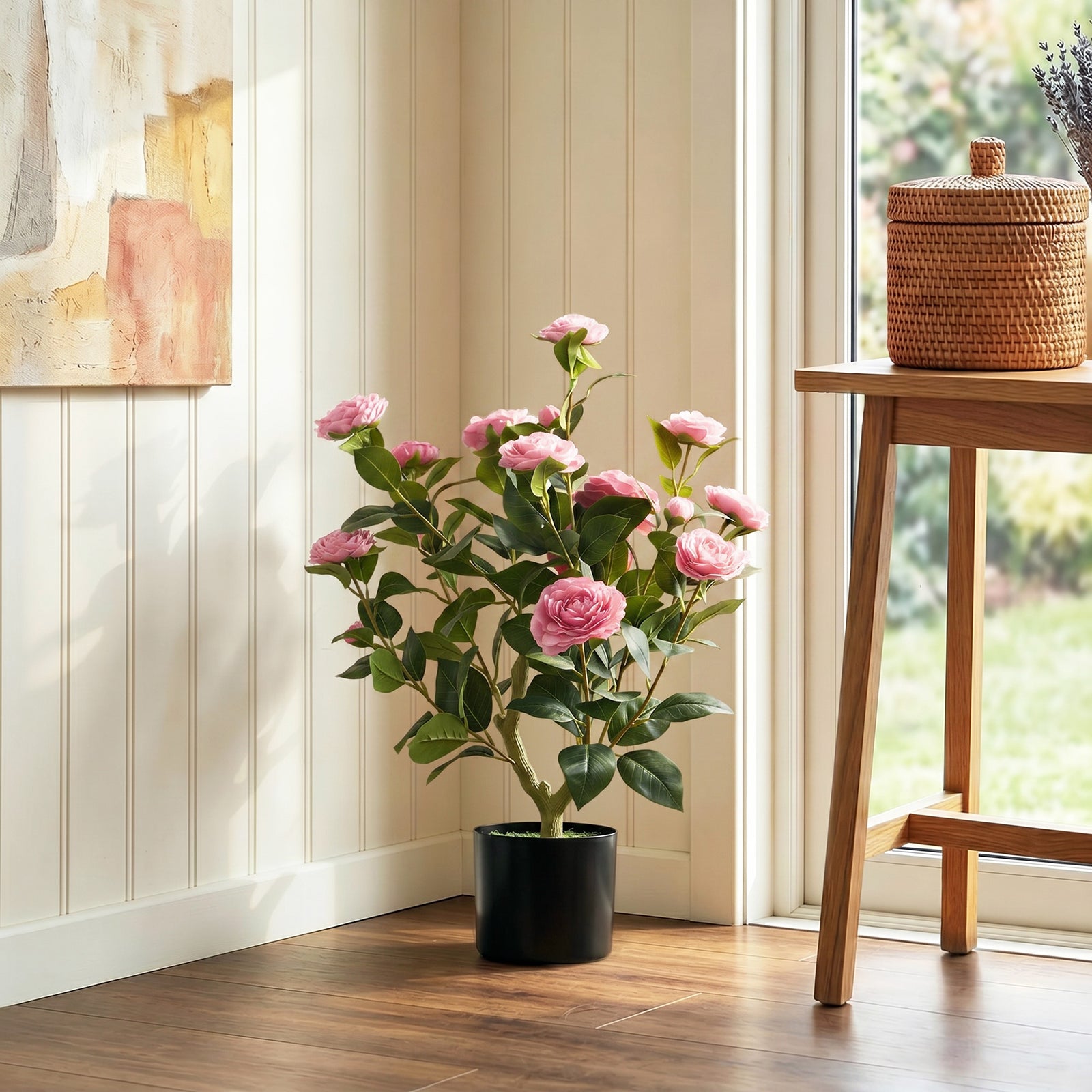 65cm Artificial Camellia Flower Plant in Pot with 116 Lush Leaves & Mo