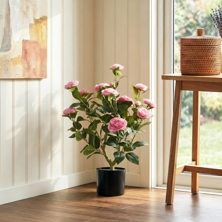 65cm Artificial Camellia Flower Plant in Pot with 116 Lush Leaves &amp; Mo