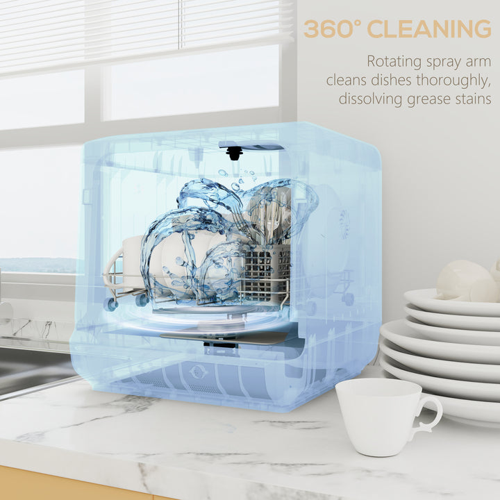 Table Top Dishwasher with Built-in 6L Water Tank, Mini Countertop Dishwasher with 6 Programs, 4 Place Settings, White