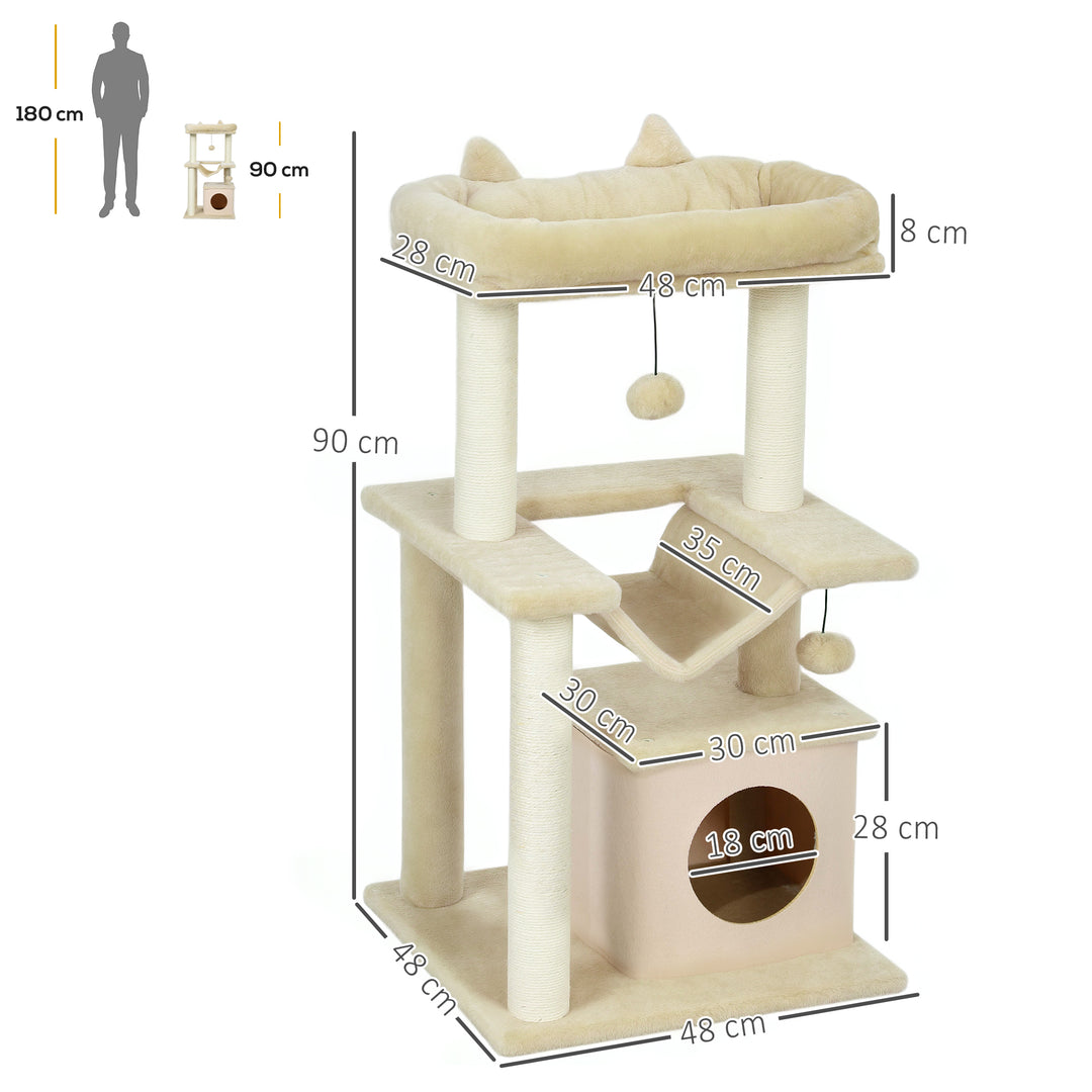 Cat Tree, 90cm Cat Tower with Sisal Scratching Posts, Cat Condo, Hammo