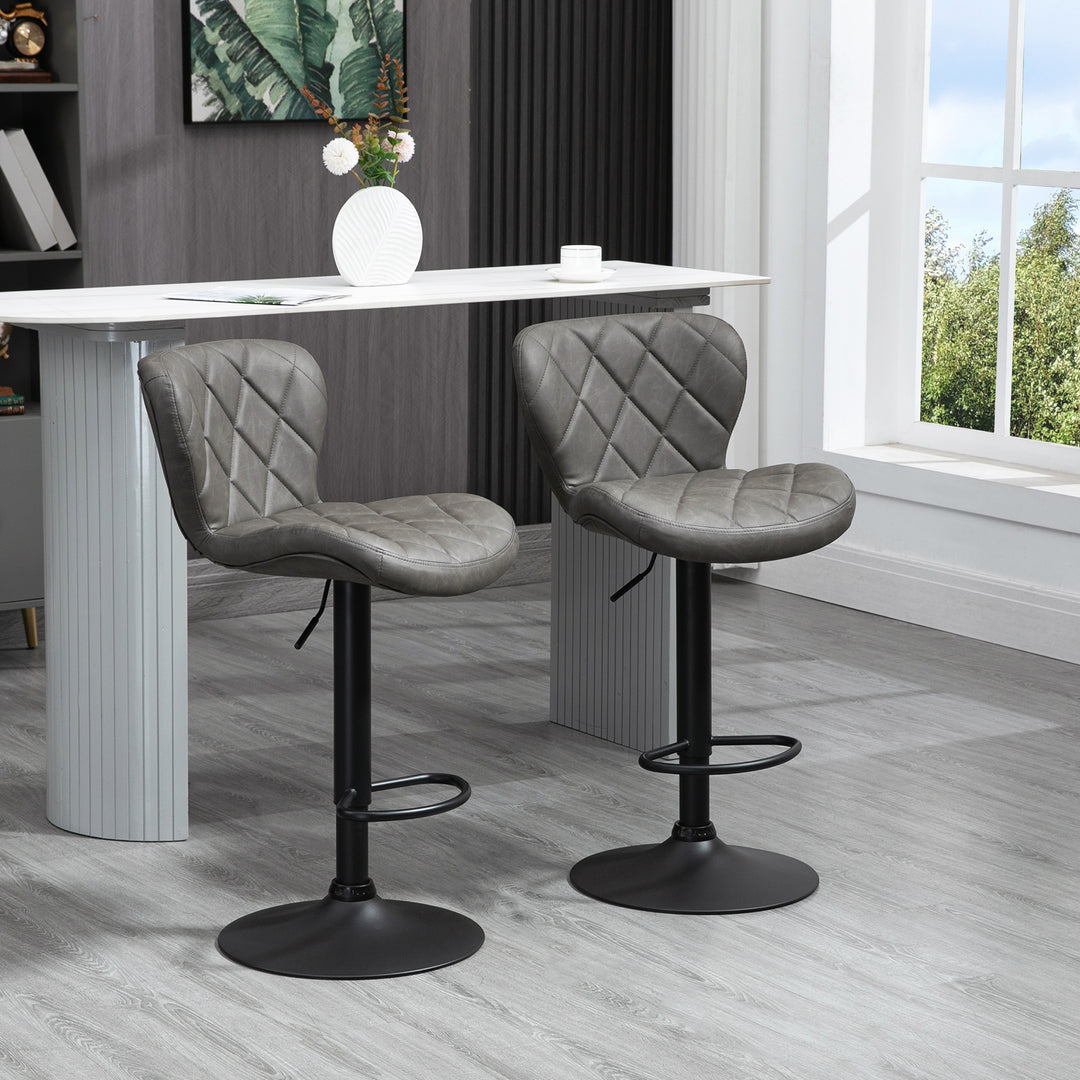 HOMCOM Adjustable Height Bar Stools Set of 2, Swivel Barstools w/ Backrest, Footrest, Steel Frame Diamond Pattern PU, Kitchen, Dark Grey | Aosom UK