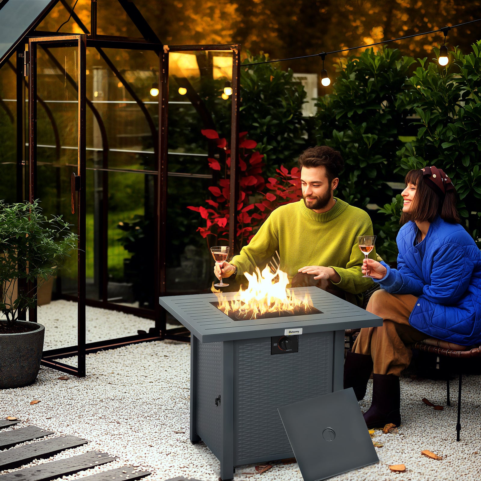Rattan-style Propane Gas Fire Pit Table with 40,000 BTU Burner, Square Smokeless Firepit Patio Heater with Thermocouple, Lava Rocks, Waterproof Cover, Spark Guard and Lid, Grey