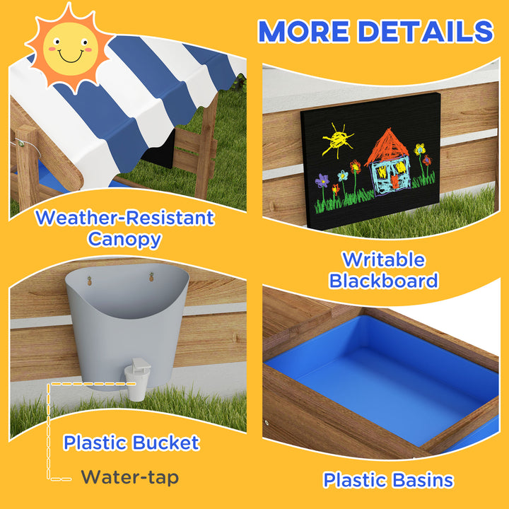 House-Designed Wooden Sandbox, Outdoor Sandpit, with Blackboard, Toys, Sink, Seats, Flags, for Ages 3-7 Years - Brown