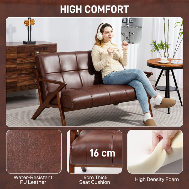 Compact 2 Seater Sofa, Vintage Tufted Loveseat Sofa with Solid Wood Legs, PU Leather Small Couch Settee for Living Room, Bedroom, Home Office, 133 x 81 x 785 cm, Brown
