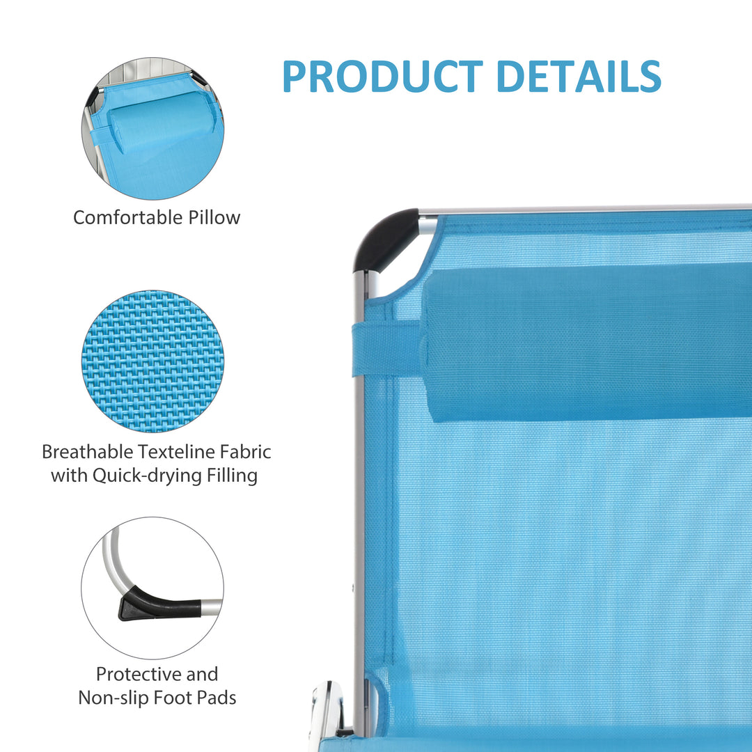 Foldable Outdoor Sun Loungers Set of 2, Reclining Lounge Chair Camping Bed Cot with Pillow 4-Level Adjustable Back Aluminium Frame, Blue
