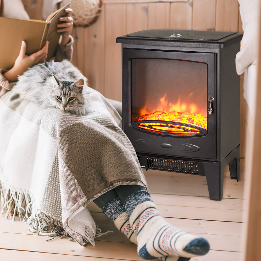 Tempered Glass Casing Electric Fireplace, Freestanding Electric Fire with Realistic Flame Effect, Log Burner with Overheat Protection, 950w/ 1850W, Black