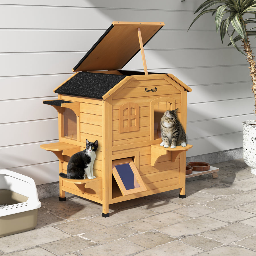 2-story Cat House Outdoor, Weatherproof Wooden Cat Enclosure for Feral Cats with Escape Door, Openable Roof, Jumping Platforms, Natural Wood Finish