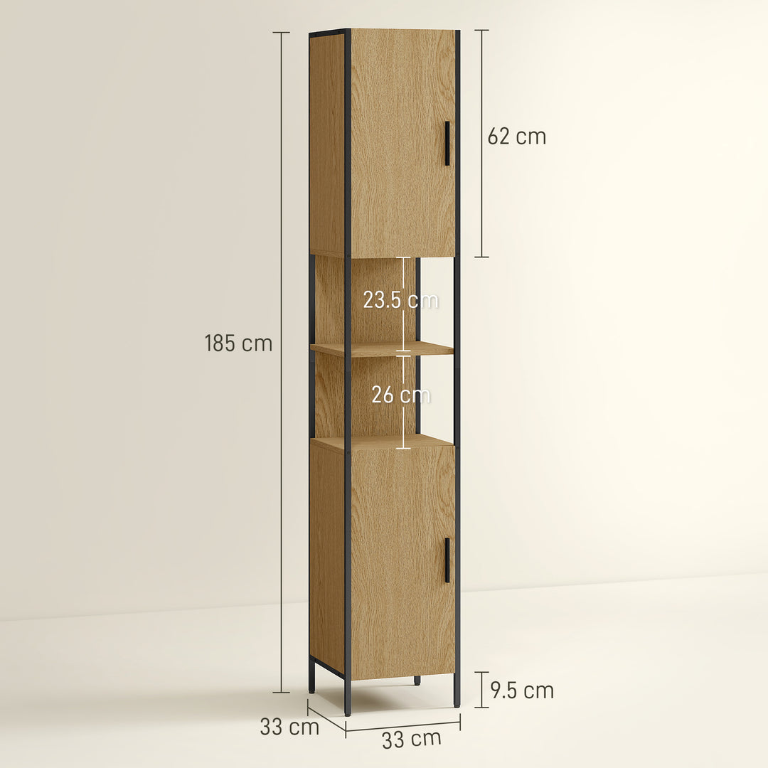 Tall Bathroom Cabinet with 2 Doors, Open Compartments and Adjustable Shelves - Natural Wood Finish