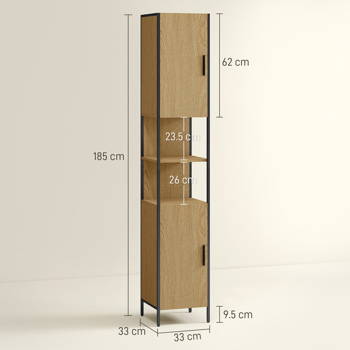 Tall Bathroom Cabinet with 2 Doors, Open Compartments and Adjustable Shelves - Natural Wood Finish