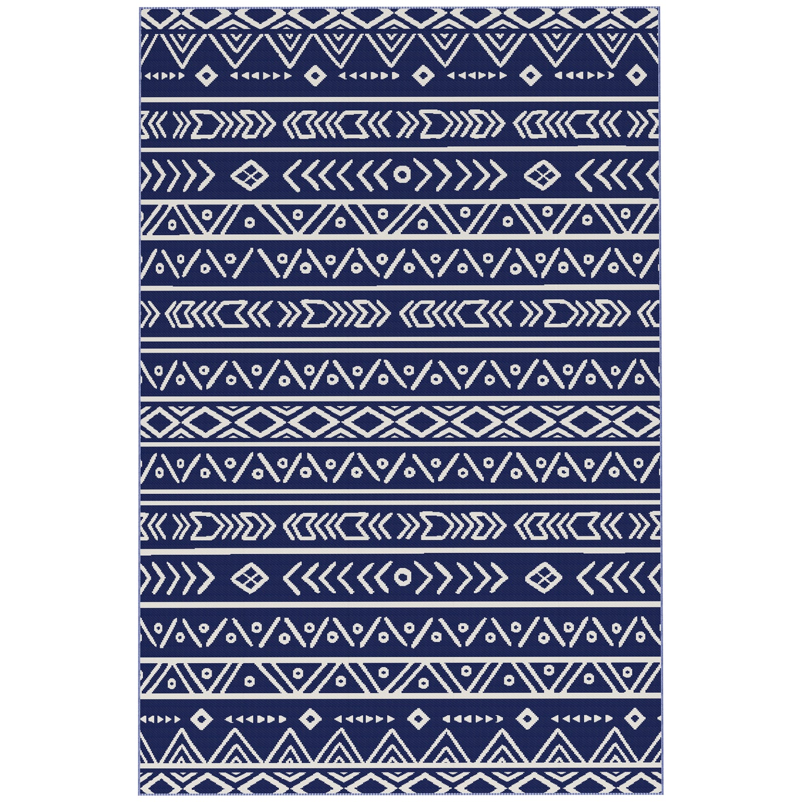 Reversible Outdoor Rug with Carry Bag, Waterproof Plastic Straw Mat for Garden, Deck, RV, Picnic, Beach, Camping, 182 x 274cm, Dark Blue and White