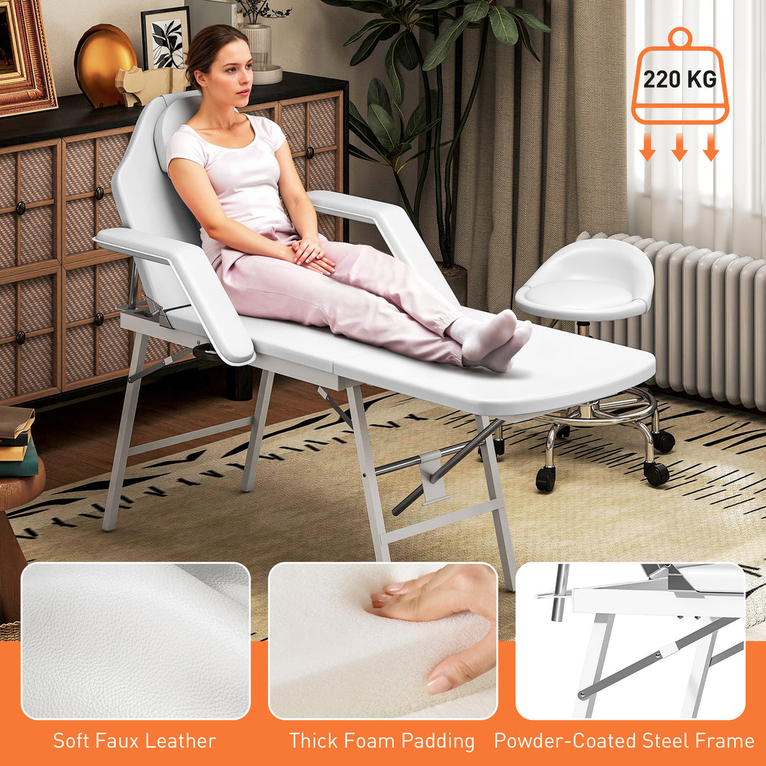 Portable Massage Table, 3 Section Adjustable Beauty Bed, Foldable Massage Bed with Face Hole, Recliner Chair with Removable Headrest and Armrests for Spa, Lash, Tattoo, White