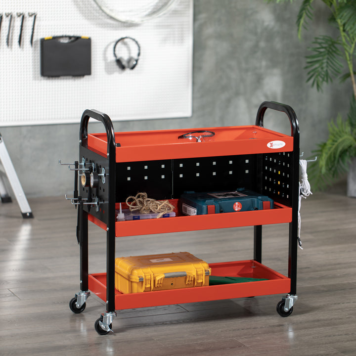 DURHAND 3 Tier Tool Cart, Shelf Storage Trolley with Wheels for Garage, Workshop, Warehouse, 10 Hooks, 100 kg Load, Red