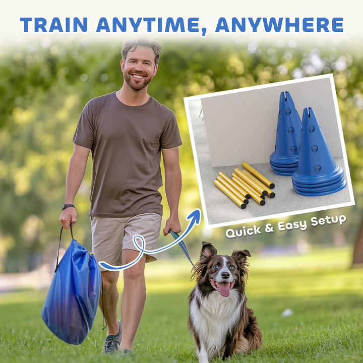 Dog Agility Equipment Set of Eight Cones, Eight Poles w/ Carry Bag, Four-Piece Adjustable Height Jumping Obstacles Blue