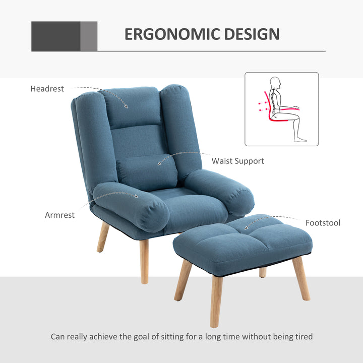 Armchair with Footstool, 180° Recliner with Ottoman, Accent Chair and Footstool with 3-Position Adjustable Backrest and Wooden Legs for Living Room, Blue